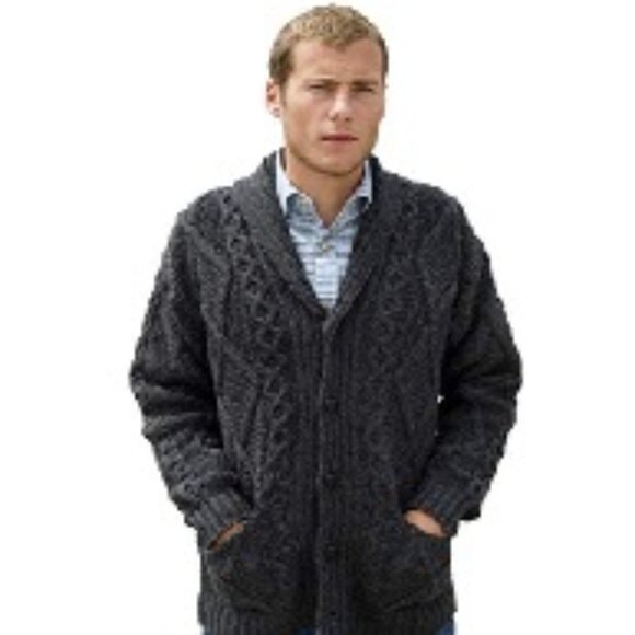 Aran Crafts Men's Irish Cable Knitted Sweater 100% Merino Wool Charcoal - Picture 1 of 2